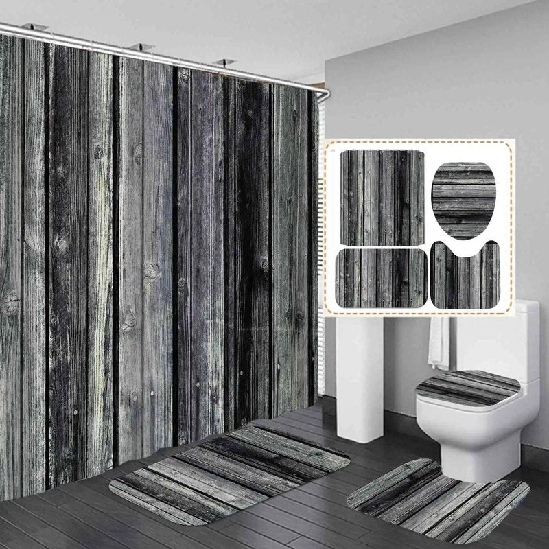 4-Piece Luxury Bathroom Mat and Shower Curtain Set – Waterproof, Anti-Slip, Quick-Dry